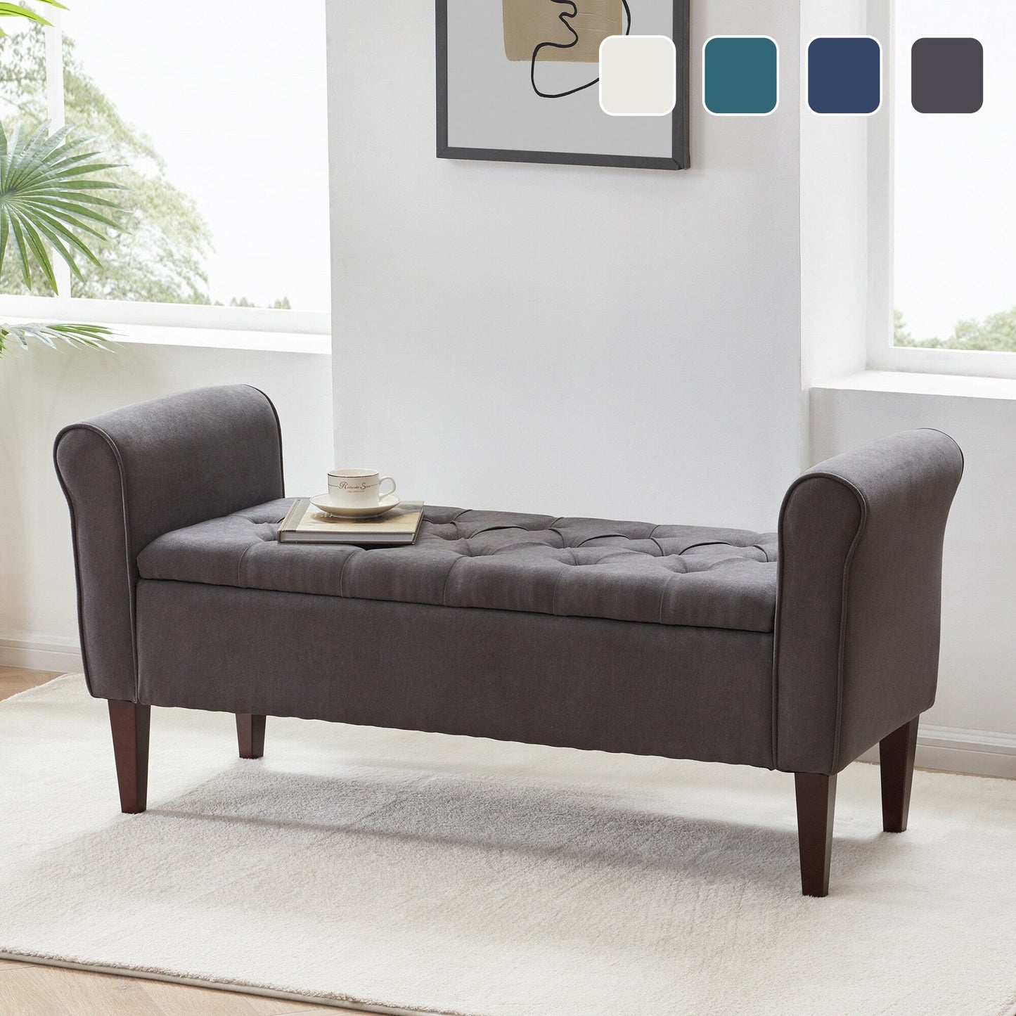 Upholstered Storage Bench Arm Bench Entryway Bench with Tufted Flip Top 50.4 Inches