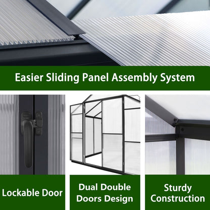 VEIKOUS Aluminum Walk-In Garden Greenhouse Kit with Adjustable Roof Vent and Lockable Door Grey