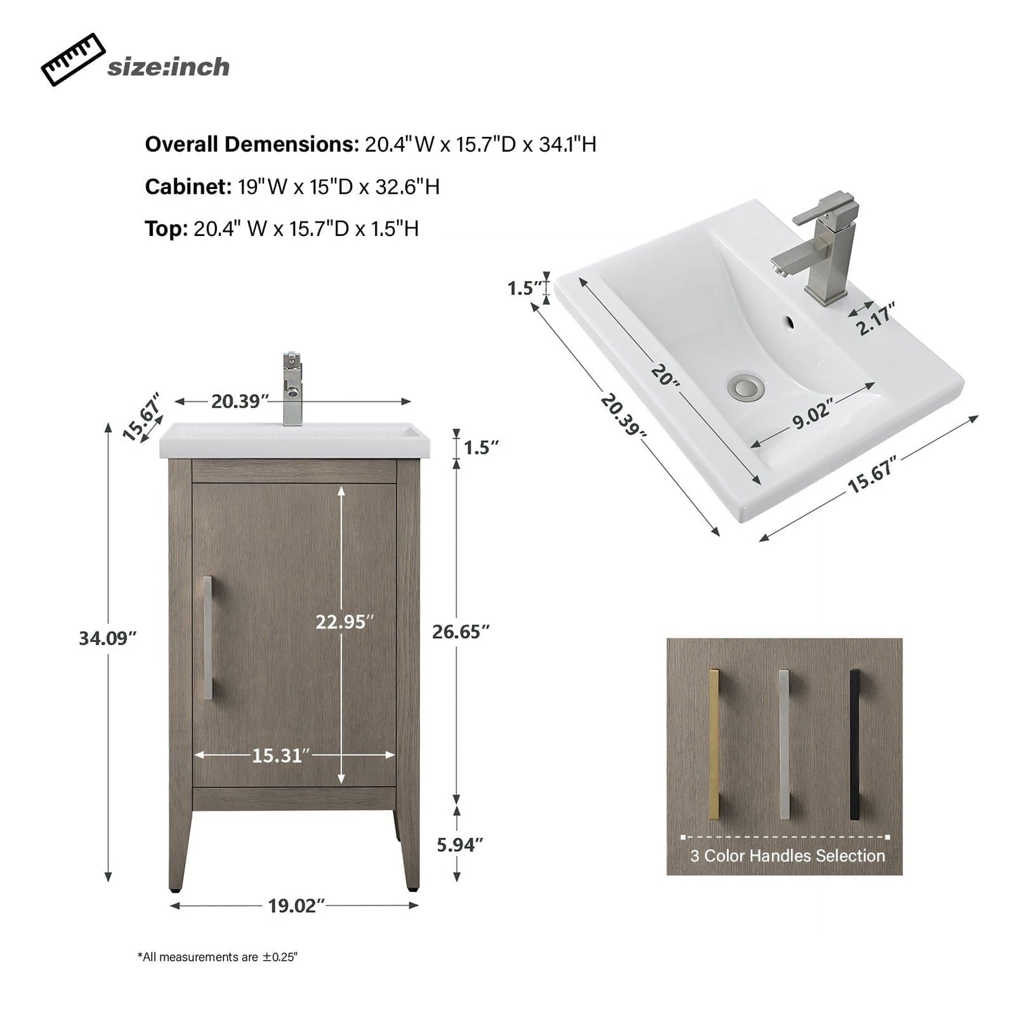 Vanity Art 20 or 24 or 30 Single Sink Bathroom Vanity Cabinet with Ceramic Top
