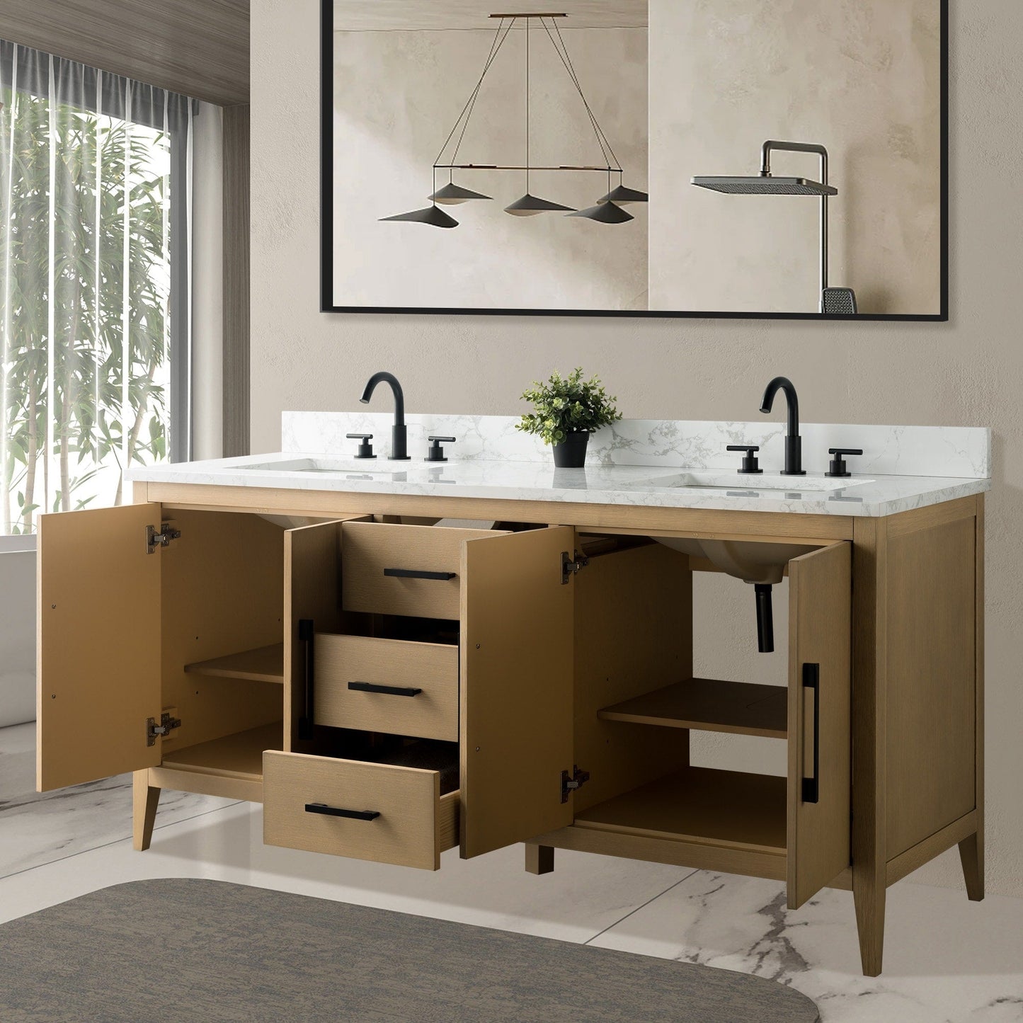 Vanity Art 72 Double Sink Bathroom Vanity Cabinet with Engineered Marble Top