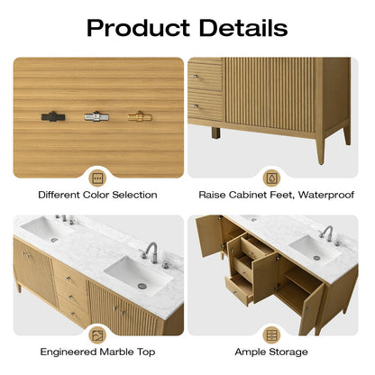 Vanity Art 72 Double Sink Bathroom Vanity Cabinet with Engineered Marble Top