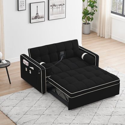 Velvet Convertible 55'' 2-Seater Sleeper Sofa with Pull-Out Bed, Adjustable Recline, Side Pockets, and Phone Holder