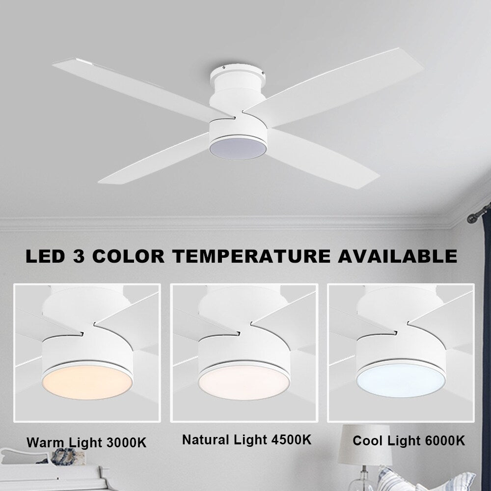 WINGBO 44/52 Inch Flush Mount DC Ceiling Fan with Lights and Remote, 4 Reversible Blades