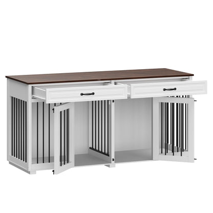 Wooden Double Dog Crate Kennel Furniture with 2 Drawers & Divider