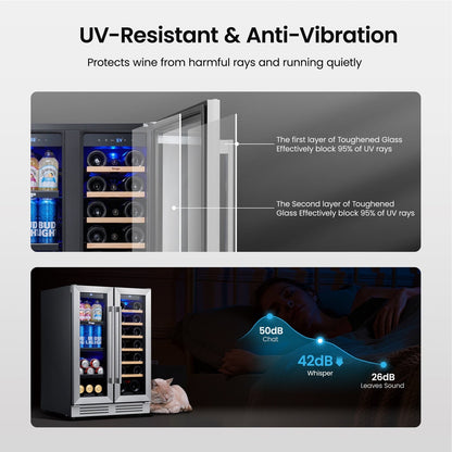 24 Inch Wine/Beverage Refrigerator Cooler, 20 Bottle/60 Can DUAL ZONE Fridge - 24 inch